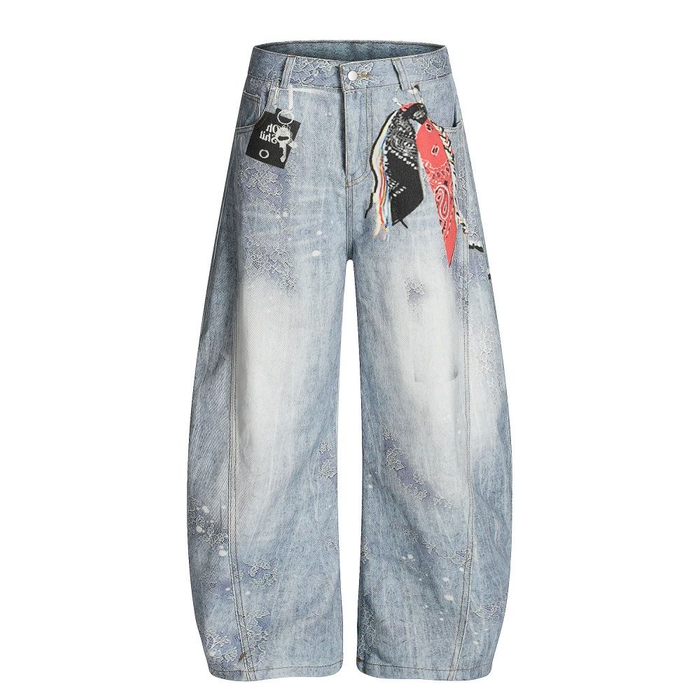 Unique Street Fashion 3D Digital Print Scarf Scimitar Jeans Men's Vintage Washed Oversized Design Wide-Leg Pants_mkmklike.com
