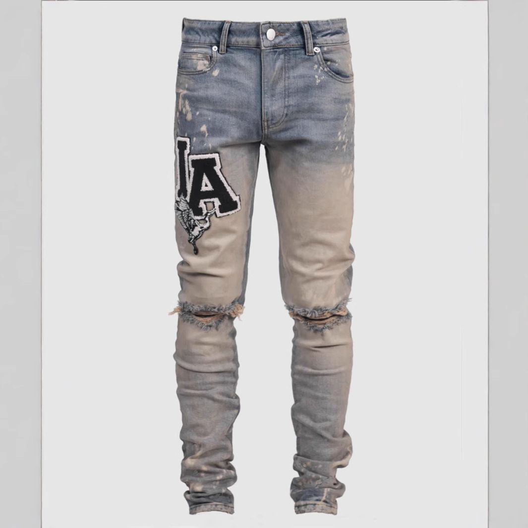 Men's Clothing High Street Fashion Trend Men's Jeans Blue Slim Fit Elastic Patch Print Design Foreign Trade Wholesale Jeans Men_mkmklike.com