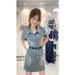 ELLE Summer New Style Petite Chic Retro Short Sleeve Slimming Elegant Denim Bodycon Mini Dress_mkmklike.com