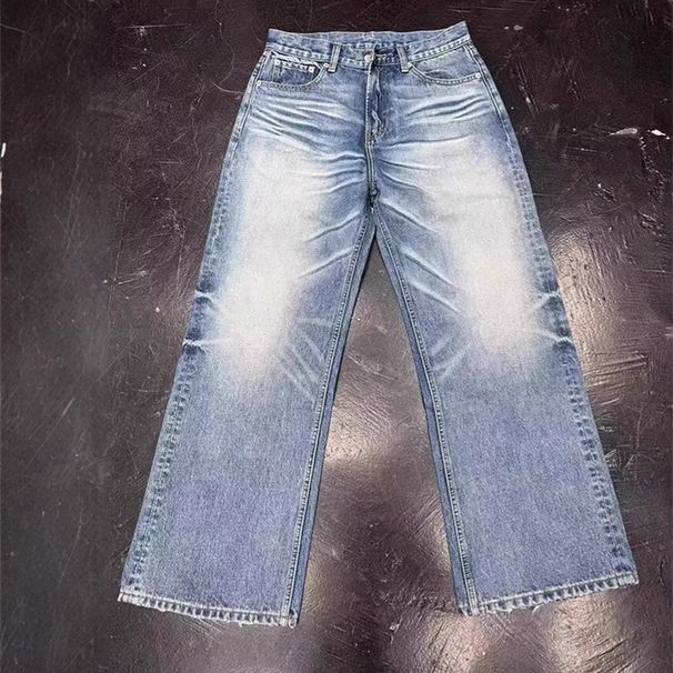 Men's Light Blue Washed Straight-Leg Jeans – Vintage Snow-Wash Denim With High Waist & No-Stretch (Classic Fit For Retro Streetwear & Casual Wear)_mkmklike.com