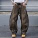 Men's Retro Patchwork Washed Denim Jeans - Loose Straight Fit With Leopard Print & Distressed Details_mkmklike.com