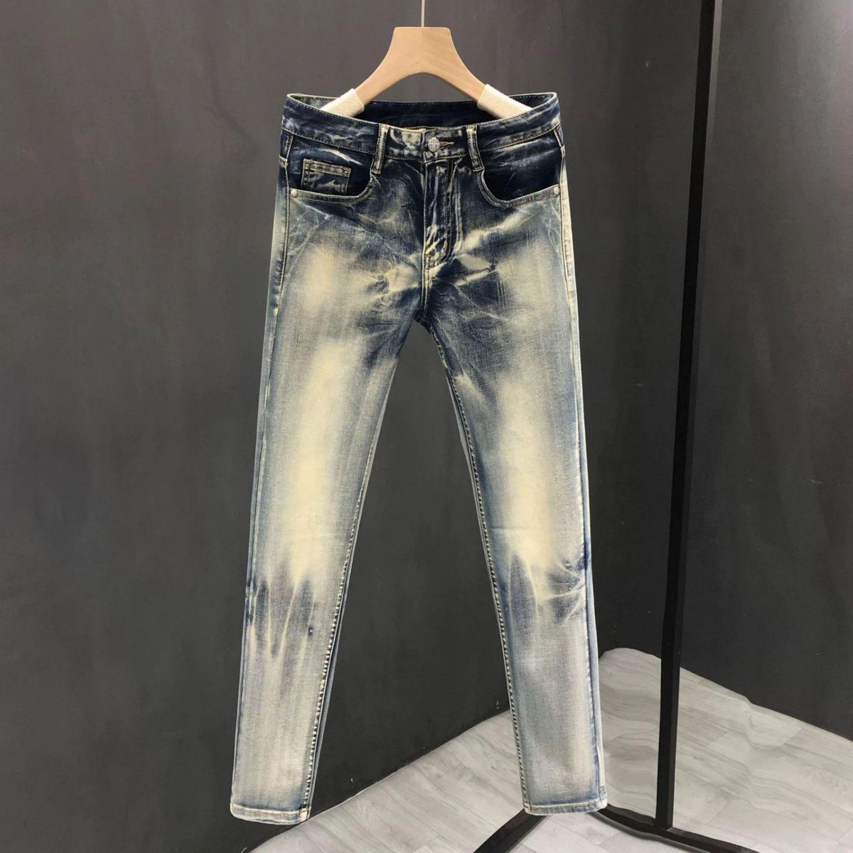 Men's Clothing Men's Trendy Washed Retro Personality Nine Point Pants Slim Fit Skinny Stretch Jeans Trendy All Match Casual Pants_mkmklike.com
