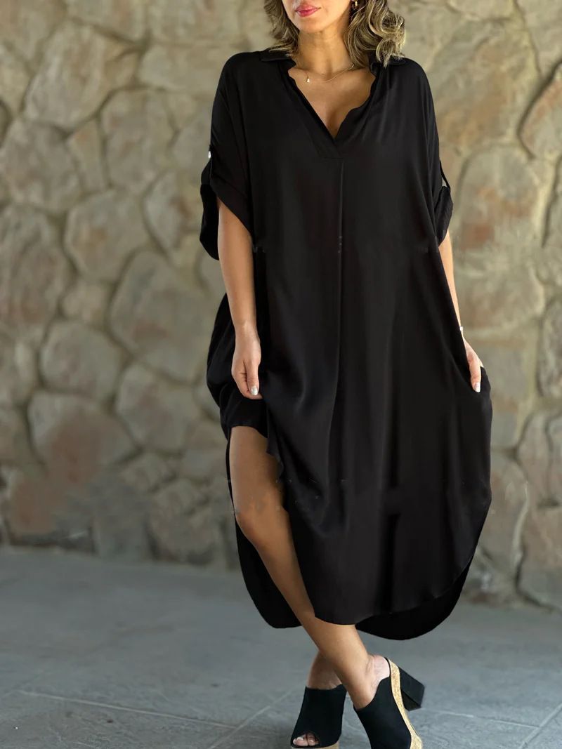 Women's New Solid Color Casual Lapel Button Slit Casual Long Dress Women_mkmklike.com