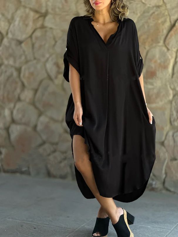Women's New Solid Color Casual Lapel Button Slit Casual Long Dress Women_mkmklike.com