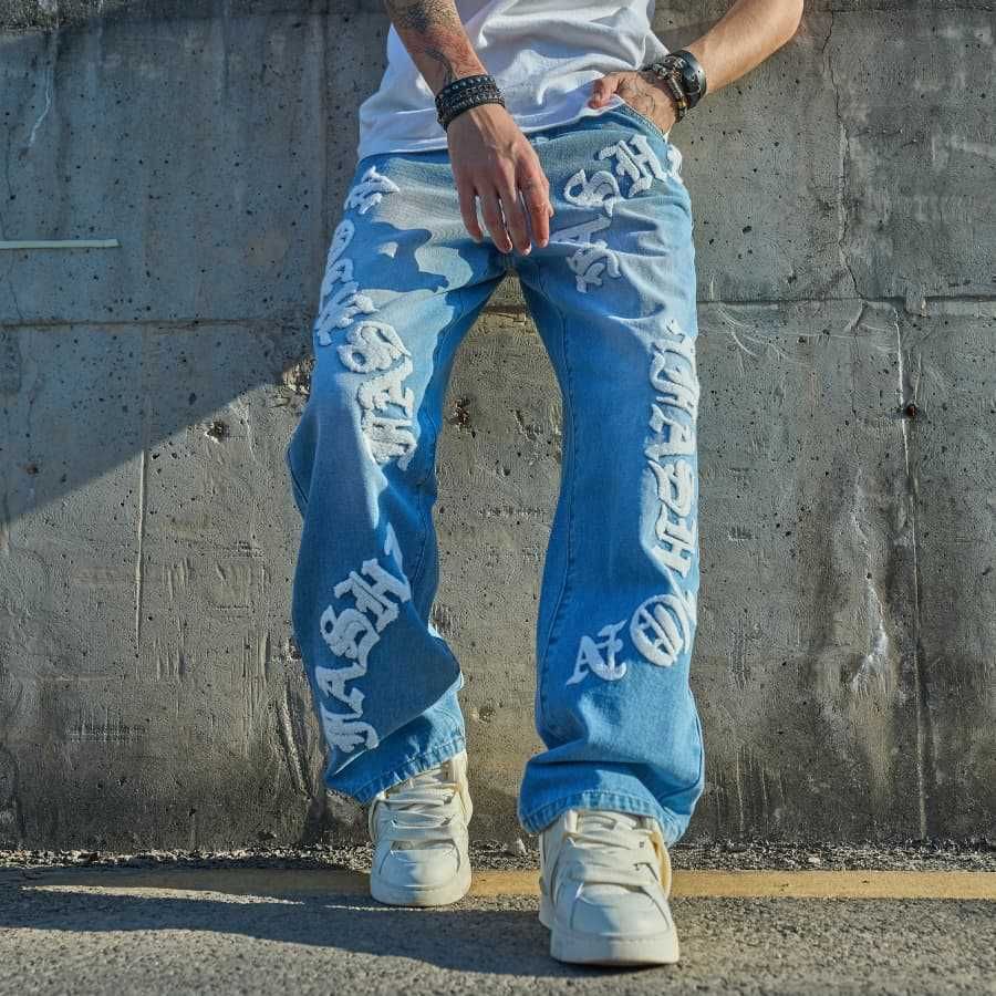 Cross-border Trade Men's Trendy Fashion Simple Loose Straight Casual Jeans_mkmklike.com
