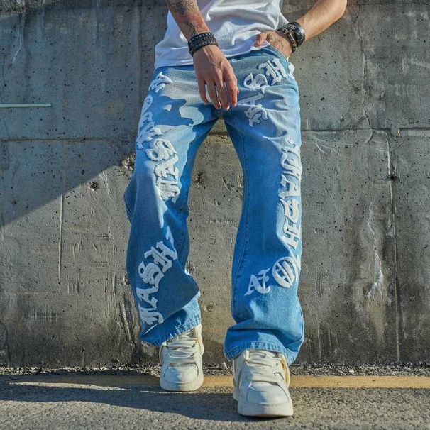 Cross-border Trade Men's Trendy Fashion Simple Loose Straight Casual Jeans_mkmklike.com