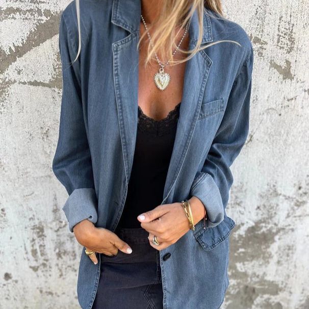 Women's Casual Denim Jacket Long Sleeve Loose Fit With Pockets Solid Color Streetwear_mkmklike.com