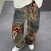 American Retro Design Heavy-duty Bear Illusion Print Denim Pants For Women, Trendy And Unique Floor-length Trousers_mkmklike.com