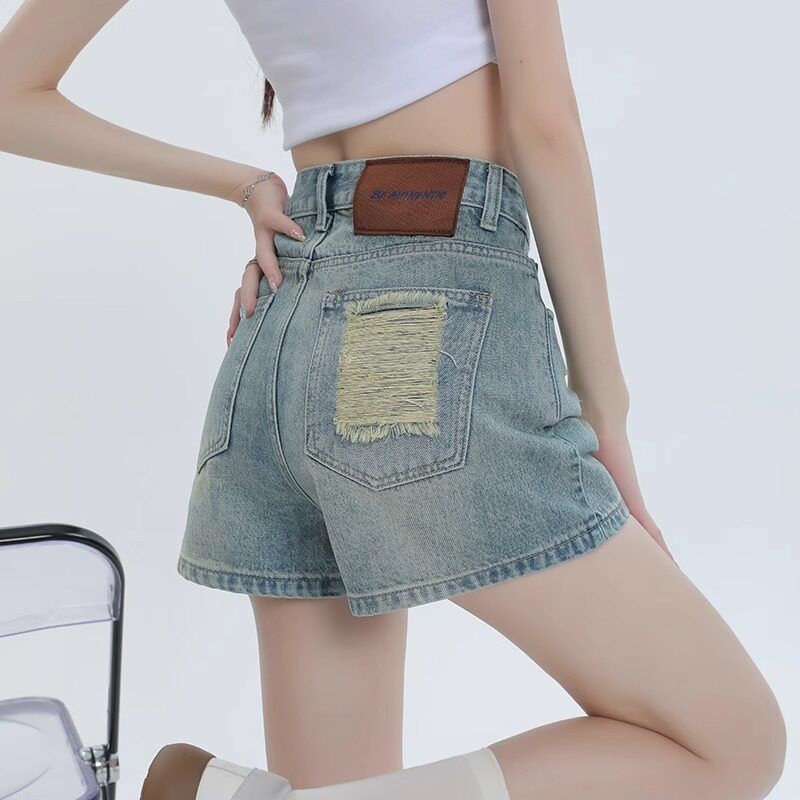 Retro High Waist Ripped A-Line Denim Shorts for Women Summer Style Thin Loose Slimming Light Color plus Size Hot Pants for Chubby Girls_mkmklike.com
