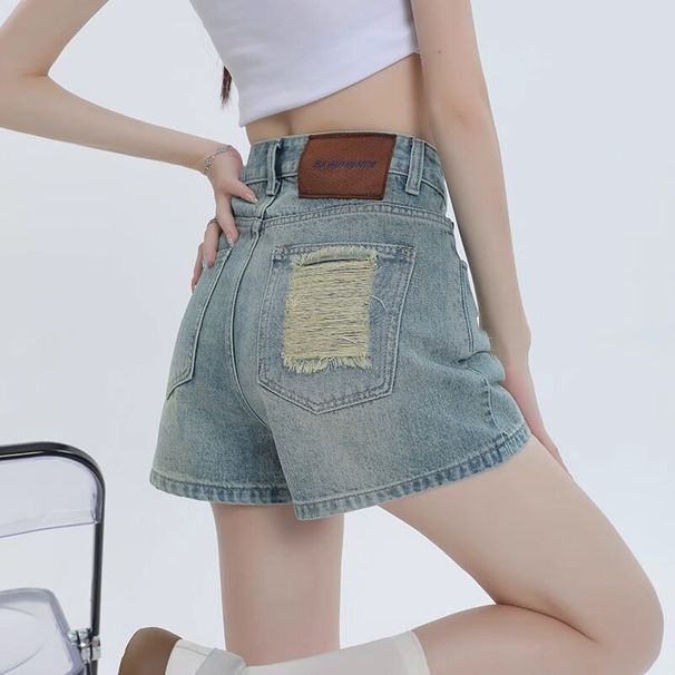 Retro High Waist Ripped A-Line Denim Shorts for Women Summer Style Thin Loose Slimming Light Color plus Size Hot Pants for Chubby Girls_mkmklike.com