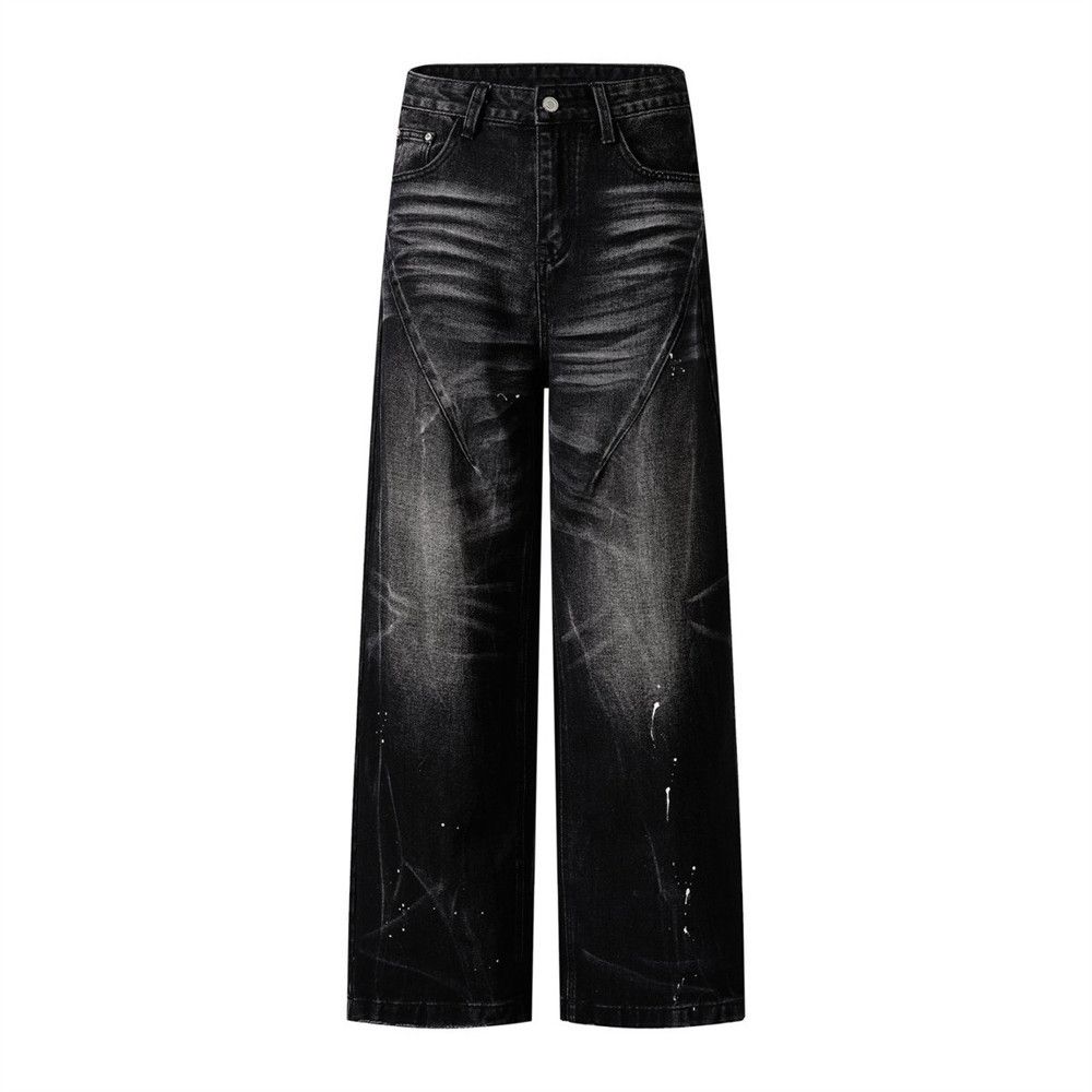 Punk Washed Vintage Denim Straight-Leg Men's Wasteland Style High Street Trend Ink-Sprayed Distressed Casual Loose Pants_mkmklike.com