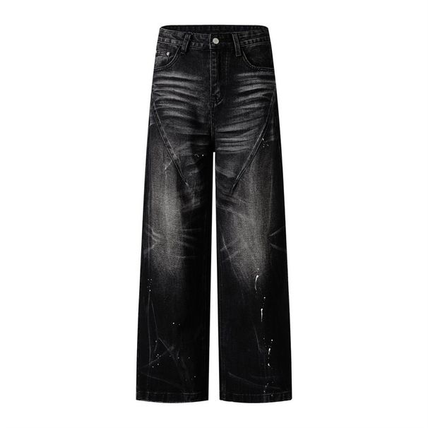Punk Washed Vintage Denim Straight-Leg Men's Wasteland Style High Street Trend Ink-Sprayed Distressed Casual Loose Pants_mkmklike.com