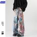 "3D Printed Rainbow Splatter Paint Straight Leg Jeans For Men & Women - High Waist Loose Fit Denim Pants With Artistic Wash"_mkmklike.com