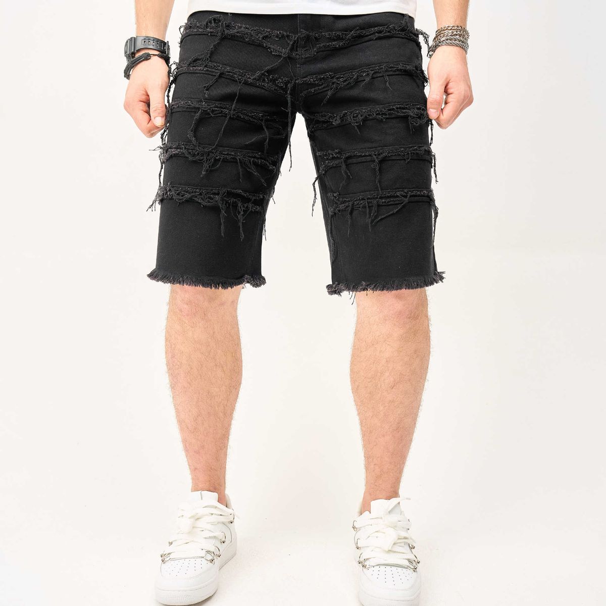 Men's Clothing High Street New Straight Shorts Trendy Patch Raw Edge Shorts Loose Casual Jeans_mkmklike.com
