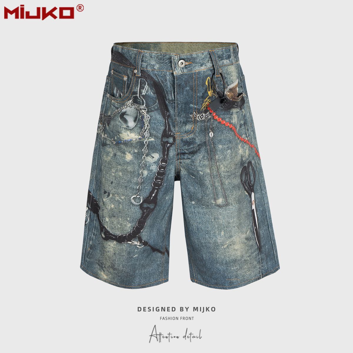 Men's Clothing Men's And Women's Spring And Summer New Old Retro Pants High Street Men And Women's Same Style 3D Scissors Printed Denim Shorts_mkmklike.com