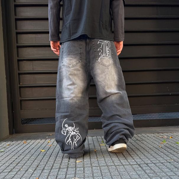 Men's Dark Gray Embroidered Skull Wide-Leg Jeans – Streetwear Loose Fit Pants, Gothic Punk Fashion_mkmklike.com