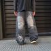 Men's Dark Gray Embroidered Skull Wide-Leg Jeans – Streetwear Loose Fit Pants, Gothic Punk Fashion_mkmklike.com