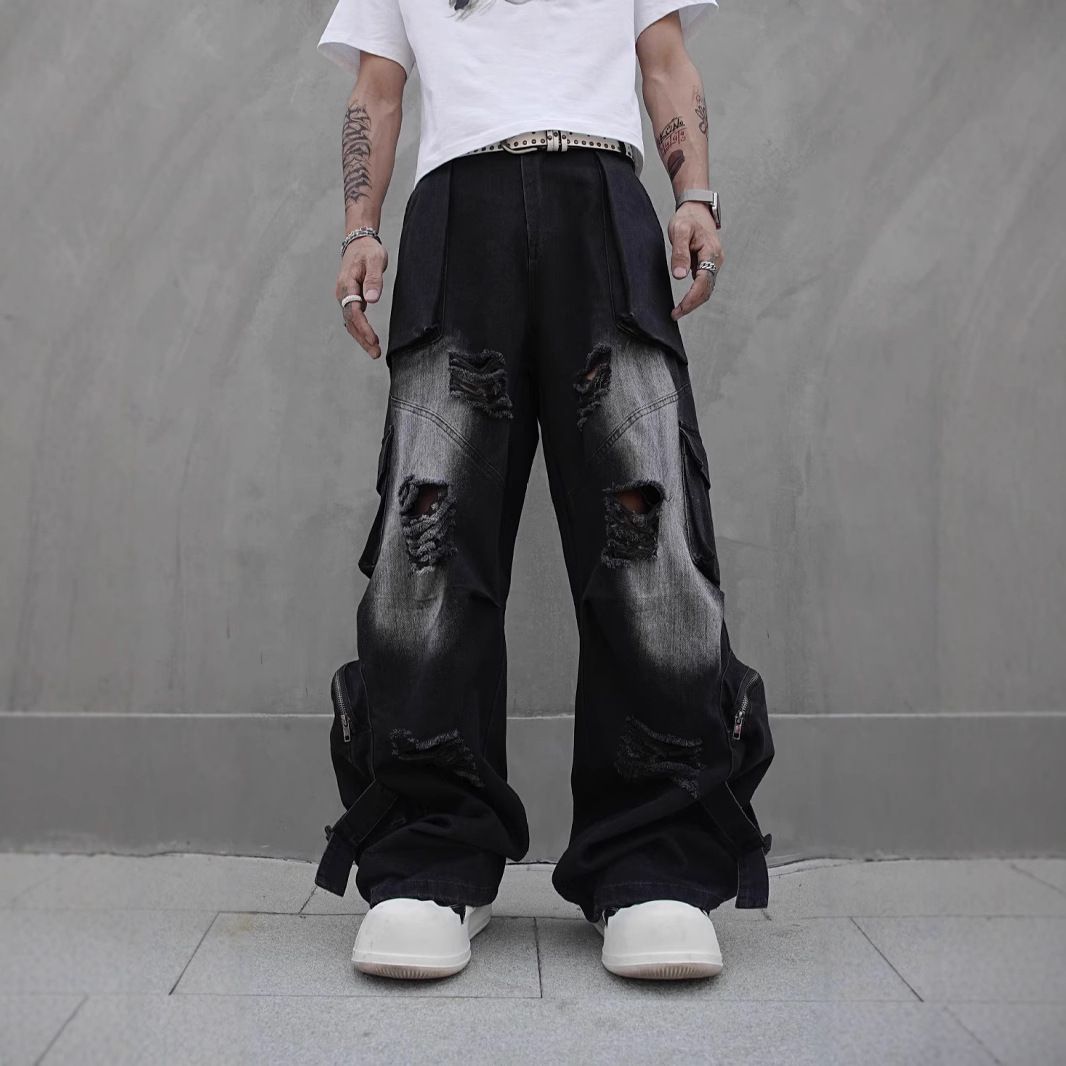 Men's Clothing Vibe Street Hip Hop Overalls Hip Hop Jeans Straight Wasteland High Street Multi Pocket Mopping Pants_mkmklike.com