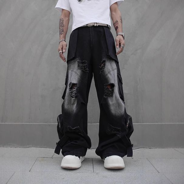Men's Clothing Vibe Street Hip Hop Overalls Hip Hop Jeans Straight Wasteland High Street Multi Pocket Mopping Pants_mkmklike.com