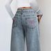 Women's High Waist Wide Leg Jeans With Pink Bow Embroidery - Comfortable Stretch Denim Pants For Casual Streetwear_mkmklike.com