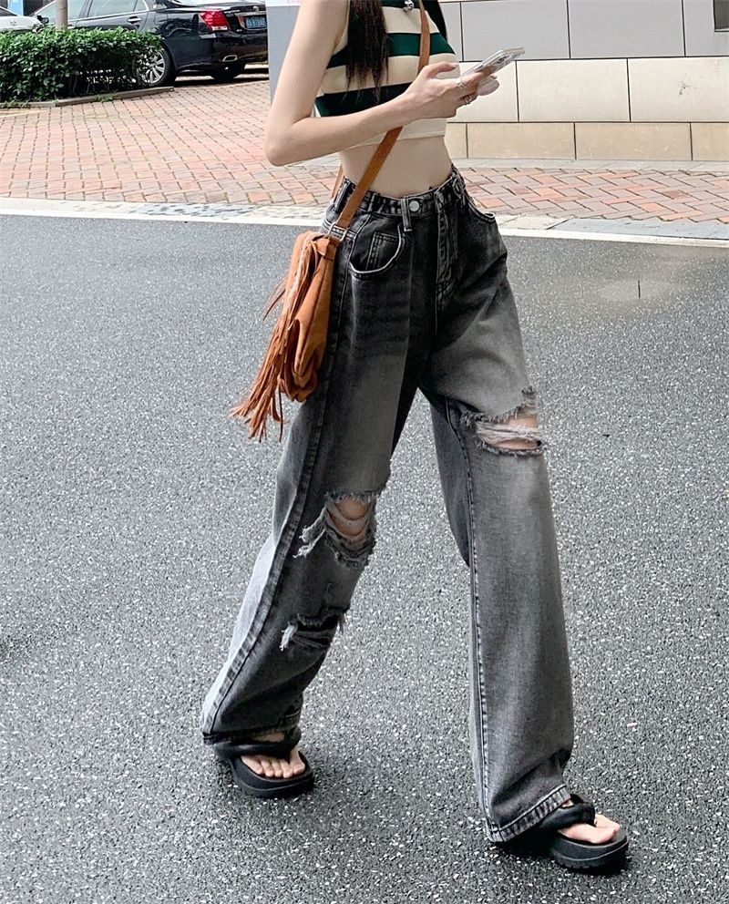 Women's Smoky Gray Wide-leg Long Pants, Summer High-waisted Straight Ripped Jeans, Loose And Slimming, Vintage_mkmklike.com