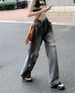 Women's Smoky Gray Wide-leg Long Pants, Summer High-waisted Straight Ripped Jeans, Loose And Slimming, Vintage_mkmklike.com