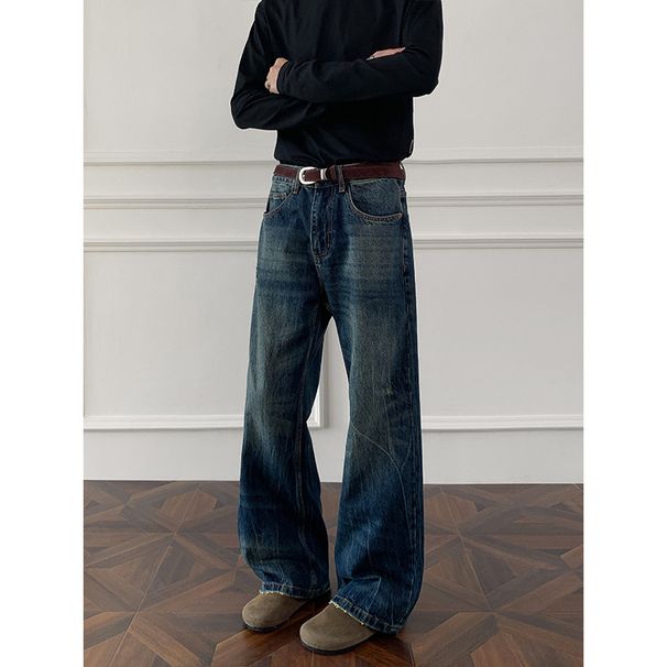 Vintage Blue Lightning Pattern Jeans For Men, New Autumn Style, Distressed Micro-flared Straight Pants, American Style_mkmklike.com