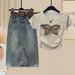 Women's Clothing Summer Tie Dye Denim Butterfly Embroidered Short Sleeves With Retro Denim Midi Skirt_mkmklike.com