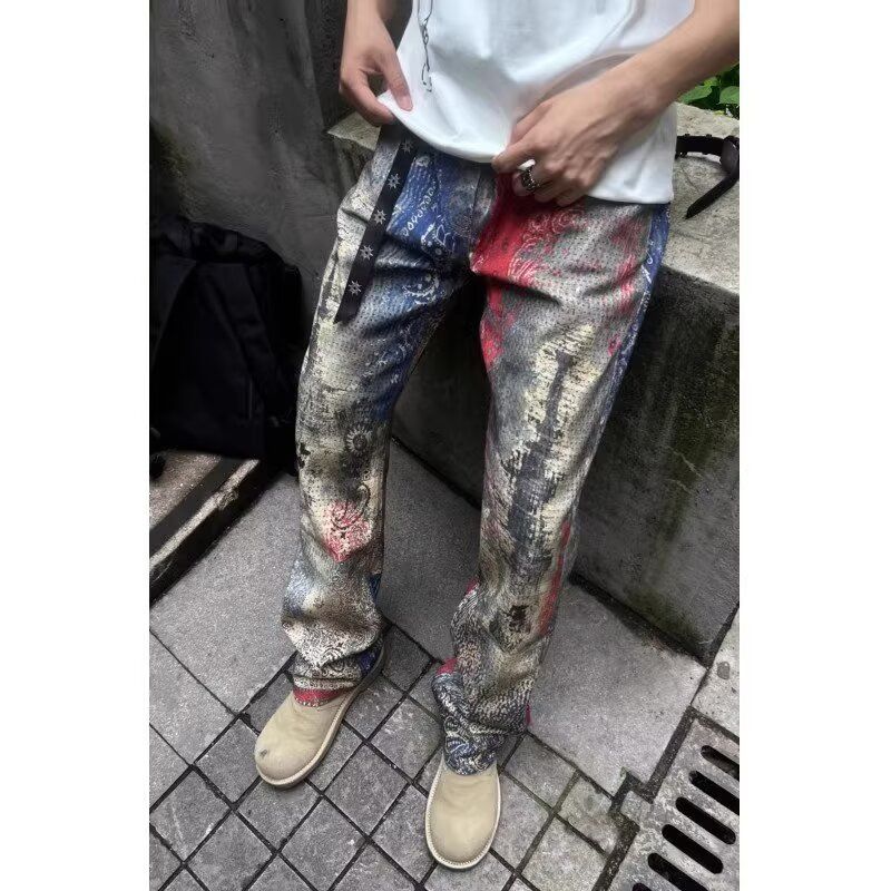 Men’s Printed Straight-Leg Jeans – Trendy Digital Print Denim Pants, Loose Fit Casual Streetwear, Washed Blue_mkmklike.com