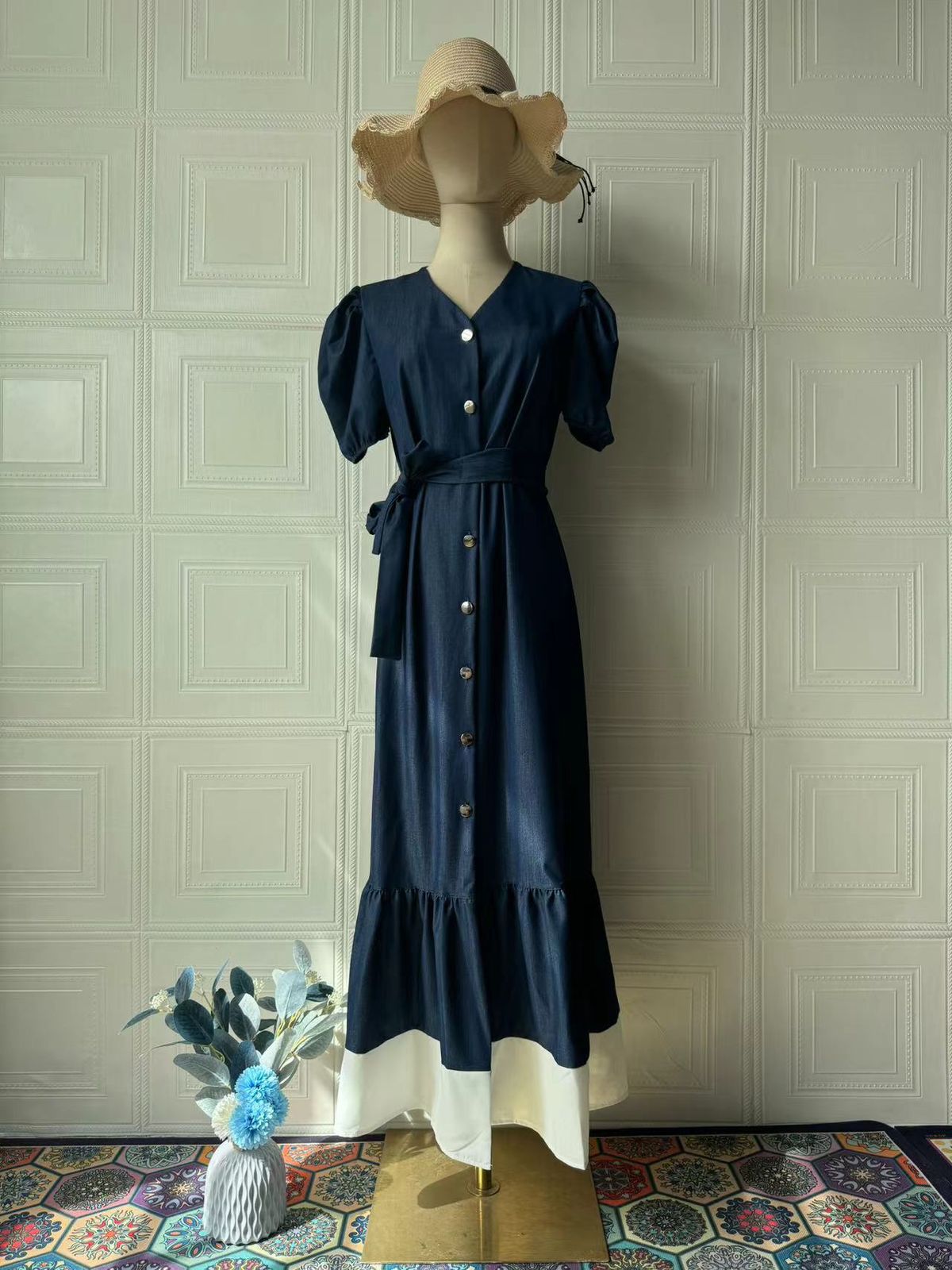 Women's Clothing Summer Retro Single Breasted Loose Casual Ruffled Short Sleeved Denim Dress_mkmklike.com