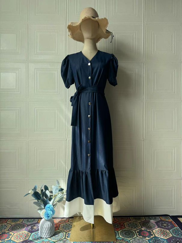 Women's Clothing Summer Retro Single Breasted Loose Casual Ruffled Short Sleeved Denim Dress_mkmklike.com