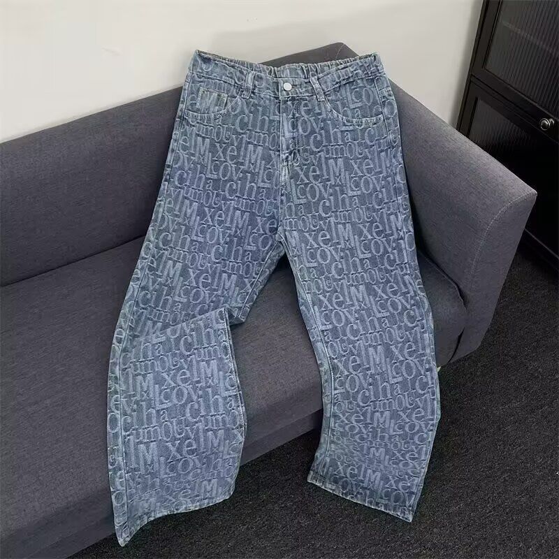 Men's Retro Jacquard Letter Print Flared Jeans - Vintage High Street Straight Leg Pants, Cleanfit Casual Denim With Curved Hem_mkmklike.com