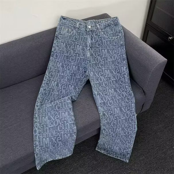 Men's Retro Jacquard Letter Print Flared Jeans - Vintage High Street Straight Leg Pants, Cleanfit Casual Denim With Curved Hem_mkmklike.com