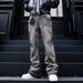 Men's Trendy Loose Wide Leg Pants American Retro Washed Distressed Gray Splatter Paint Curved Blade Jeans_mkmklike.com
