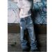 Men's High-Waist Flared Jeans Trendy High Street Style Cross Border American Retro Washed Blue Ripped Pants Floor Length_mkmklike.com