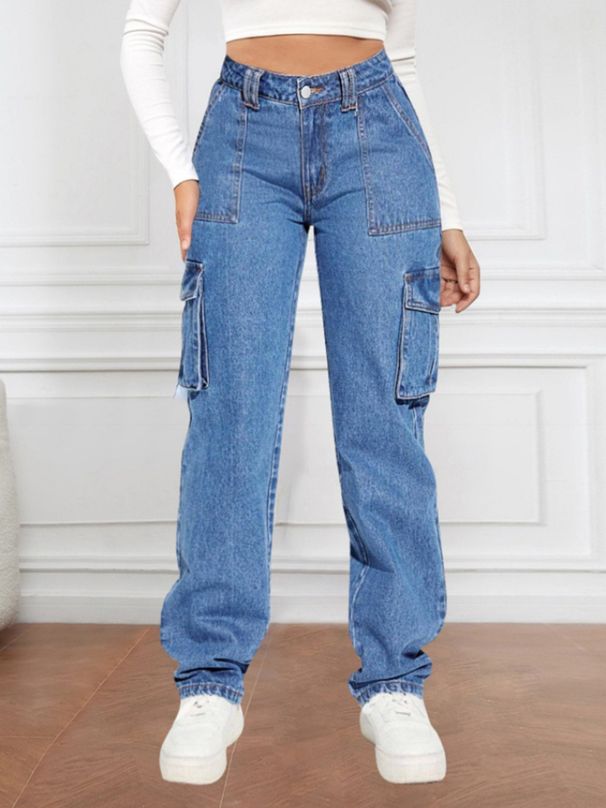K New Retro Mid Waist Multi Pocket Workwear Jeans For Women's Casual Straight Leg Pants_mkmklike.com