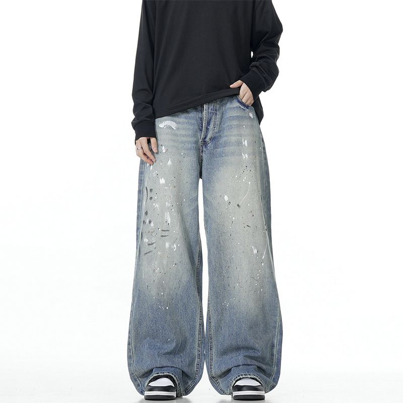 Men's Vintage Washed Distressed Denim Jeans - Loose Fit Casual Streetwear Pants With Splatter Design (Blue, Multiple Sizes Available)_mkmklike.com