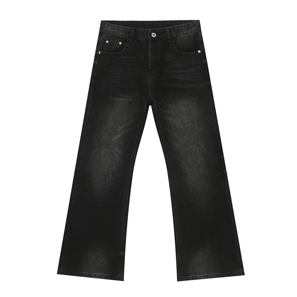 Retro Black-Grey Washed Denim Jeans – Classic American Vibe Straight-Leg Bell Bottom Pants (Mid-Rise, Non-Stretch, S-XL)_mkmklike.com