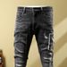 BOY BOY Autumn Winter Trendy Brand Men's Slim Fit Skinny Stretch Thick Black Jeans Patchwork Ripped Patches European American_mkmklike.com