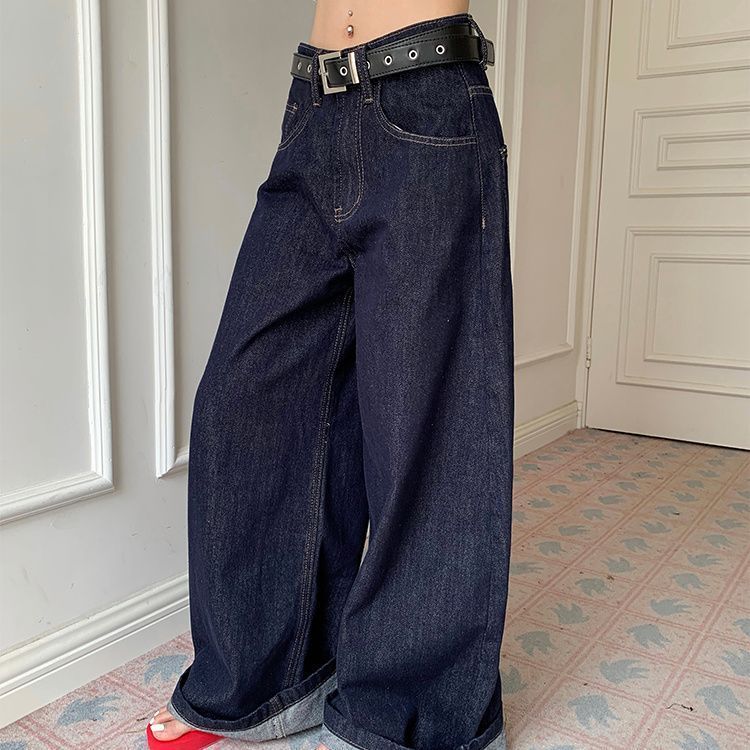 ELLE American Retro Dark Blue Wide-Leg Jeans For Women, Autumn Winter 2024 New High-Waisted Loose Draped Floor-Length_mkmklike.com