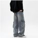 Men's Retro Blue Cargo Jeans High Street Style Loose Wide Leg Straight Leg Pants Multiple Pockets Casual Autumn Winter_mkmklike.com