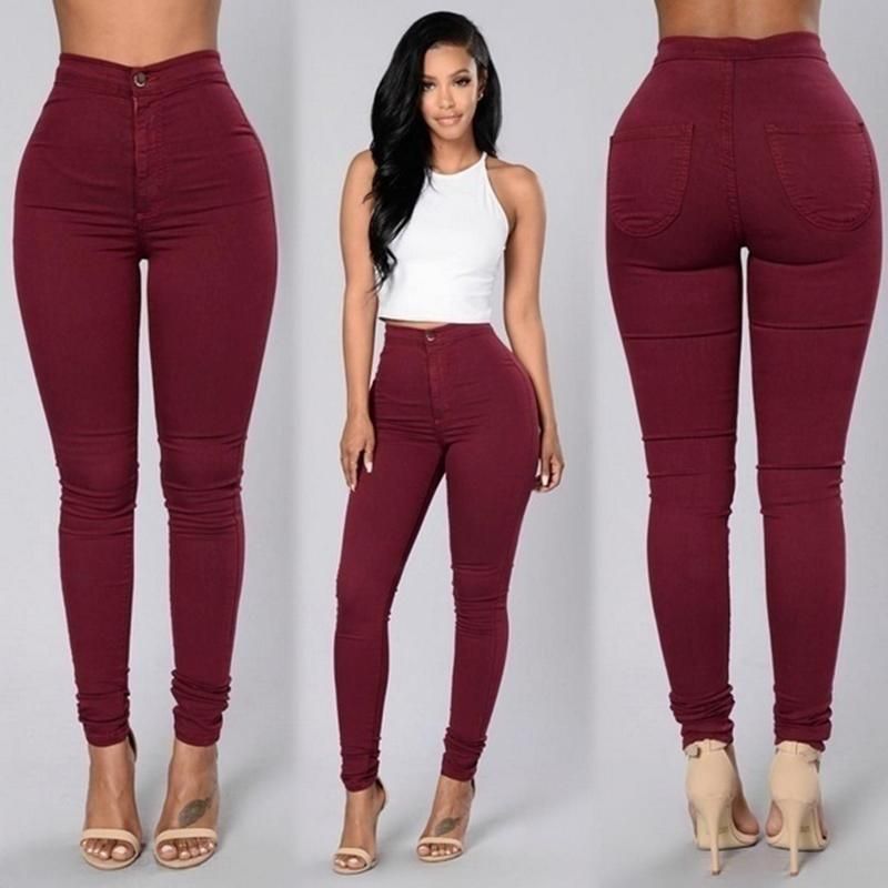 Women's High Waist Stretch Skinny Jeans – Plus Size Candy Color Denim Pants For Work & Streetwear (White/Black/Light Blue/Burgundy/Army Green)_mkmklike.com