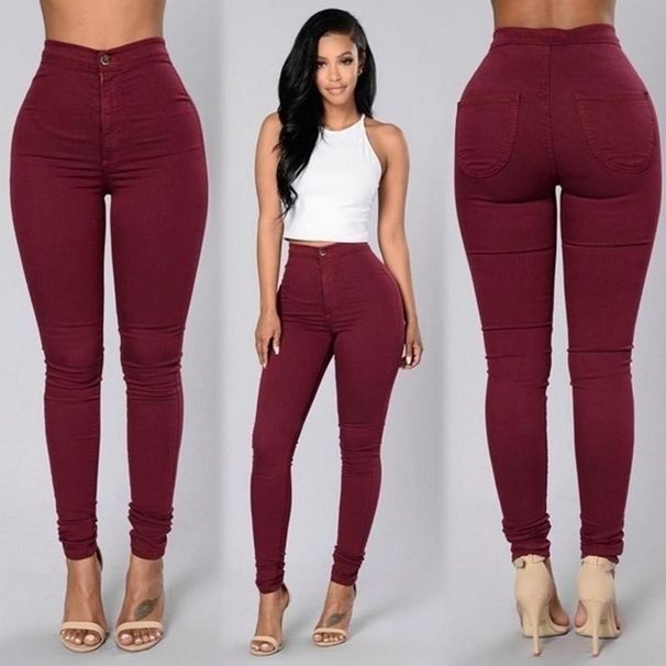 Women's High Waist Stretch Skinny Jeans – Plus Size Candy Color Denim Pants For Work & Streetwear (White/Black/Light Blue/Burgundy/Army Green)_mkmklike.com