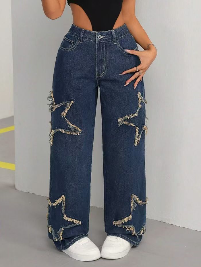 Women's Casual Versatile Loose Straight Leg Jeans Five-Pointed Star Tassel Frayed Edge Denim_mkmklike.com