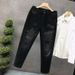 Men's Trendy Black Washed Distressed Jeans Loose Fit Straight Leg Casual Denim Pants with Rhinestone Embellishments_mkmklike.com