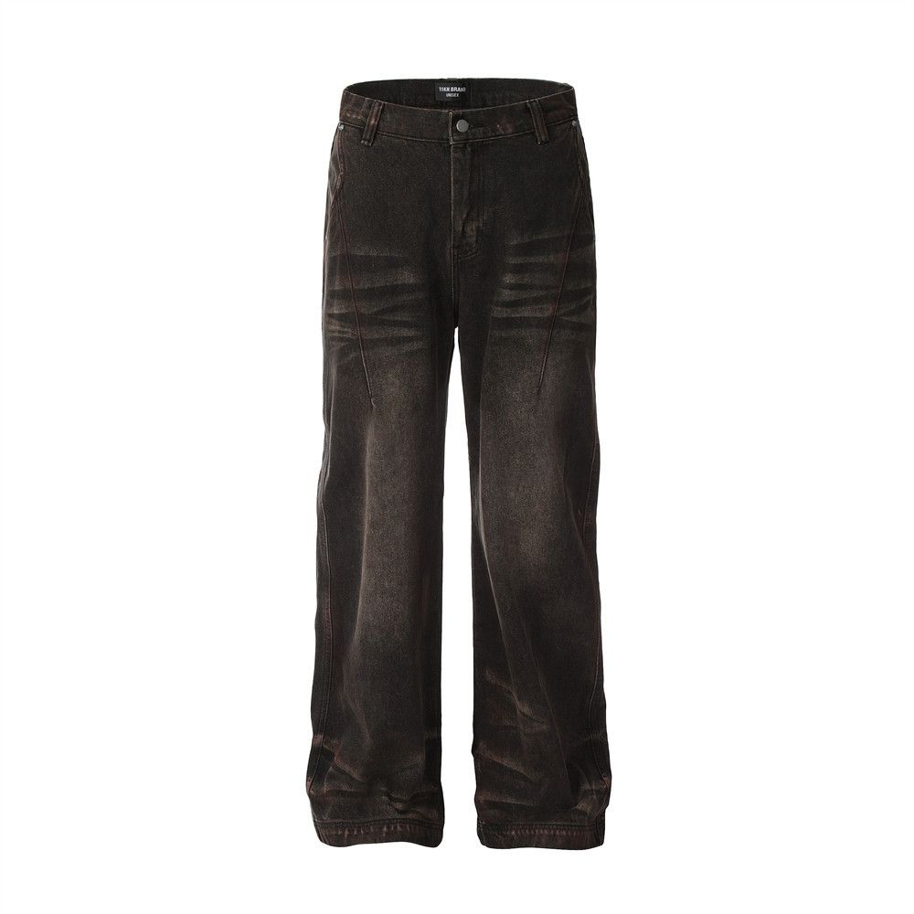 Washed Vintage Denim Spray Paint Dirty Design Style Loose Casual Straight Wide-Leg Pants Men's High Street Fashion_mkmklike.com