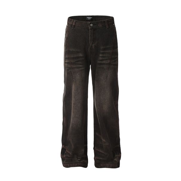Washed Vintage Denim Spray Paint Dirty Design Style Loose Casual Straight Wide-Leg Pants Men's High Street Fashion_mkmklike.com