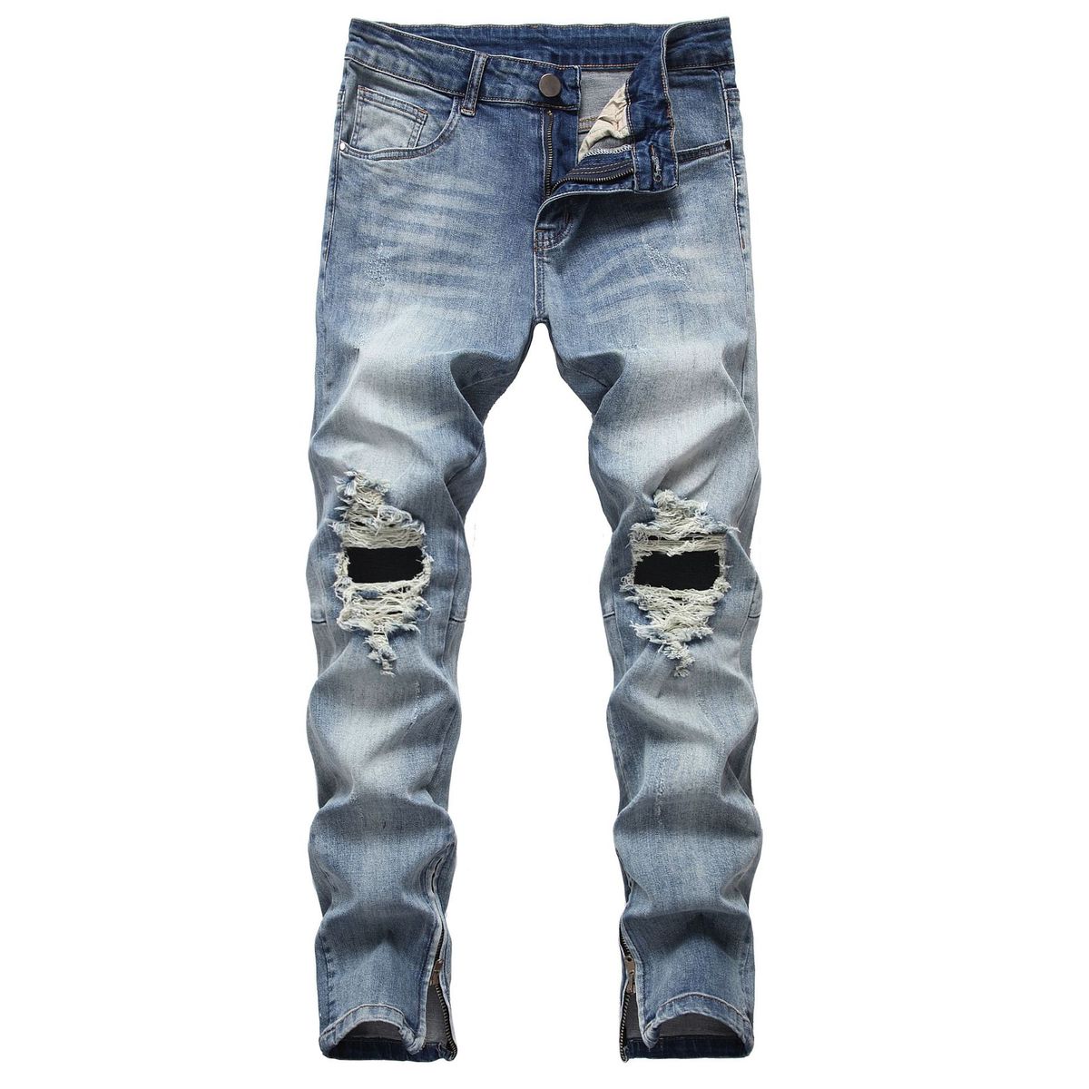 Men's Clothing Men's Zipper Ripped Jeans Trousers Zipper Men's Denim Stretch Trousers_mkmklike.com