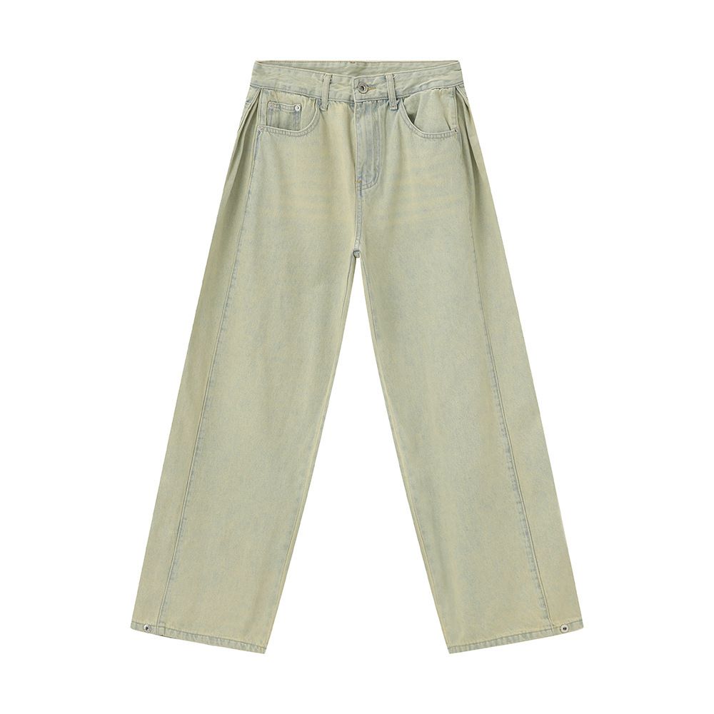 EF JEANS | 2024 New American Old Yellow Mud Splicing Straight Wide-leg Jeans Trendy Loose Retro_mkmklike.com