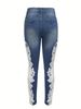 Women's Clothing Women's Skinny Fit Hollow Out Lace Contrast Jeans - Elegant Sky Blue Stretch Denim With Bootcut Hem For Stylish Everyday Wear_mkmklike.com
